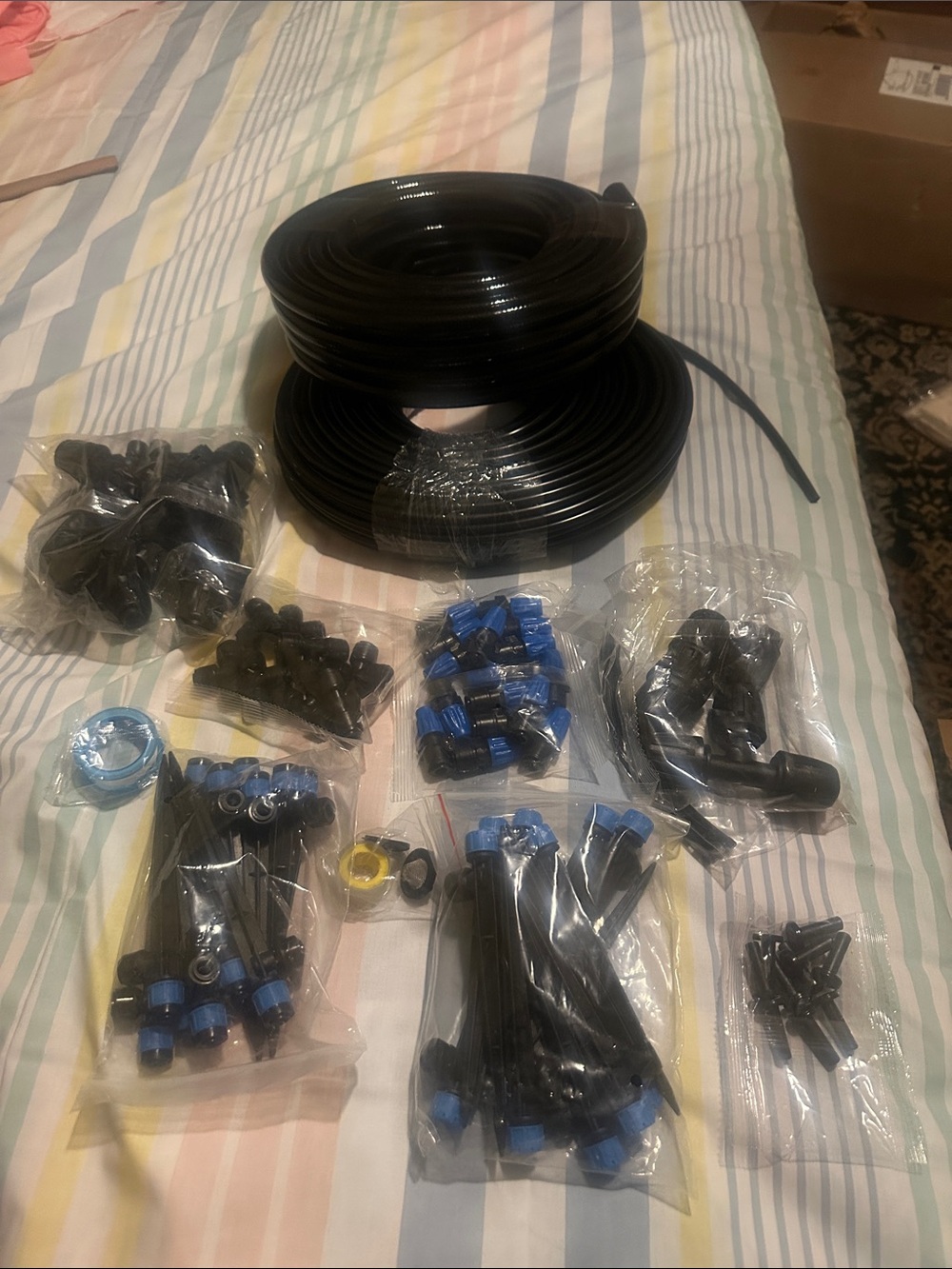 Black Drip Irrigation Tubing Kit with Blue Fittings